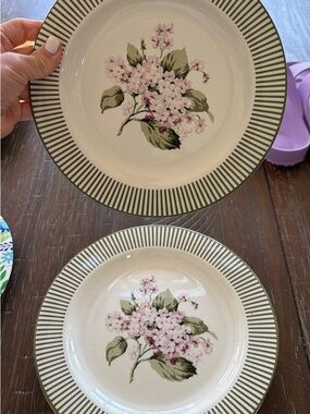 Martha Stewart Pink Floral Ceramic Dinner Plate with Green Striped Rim
